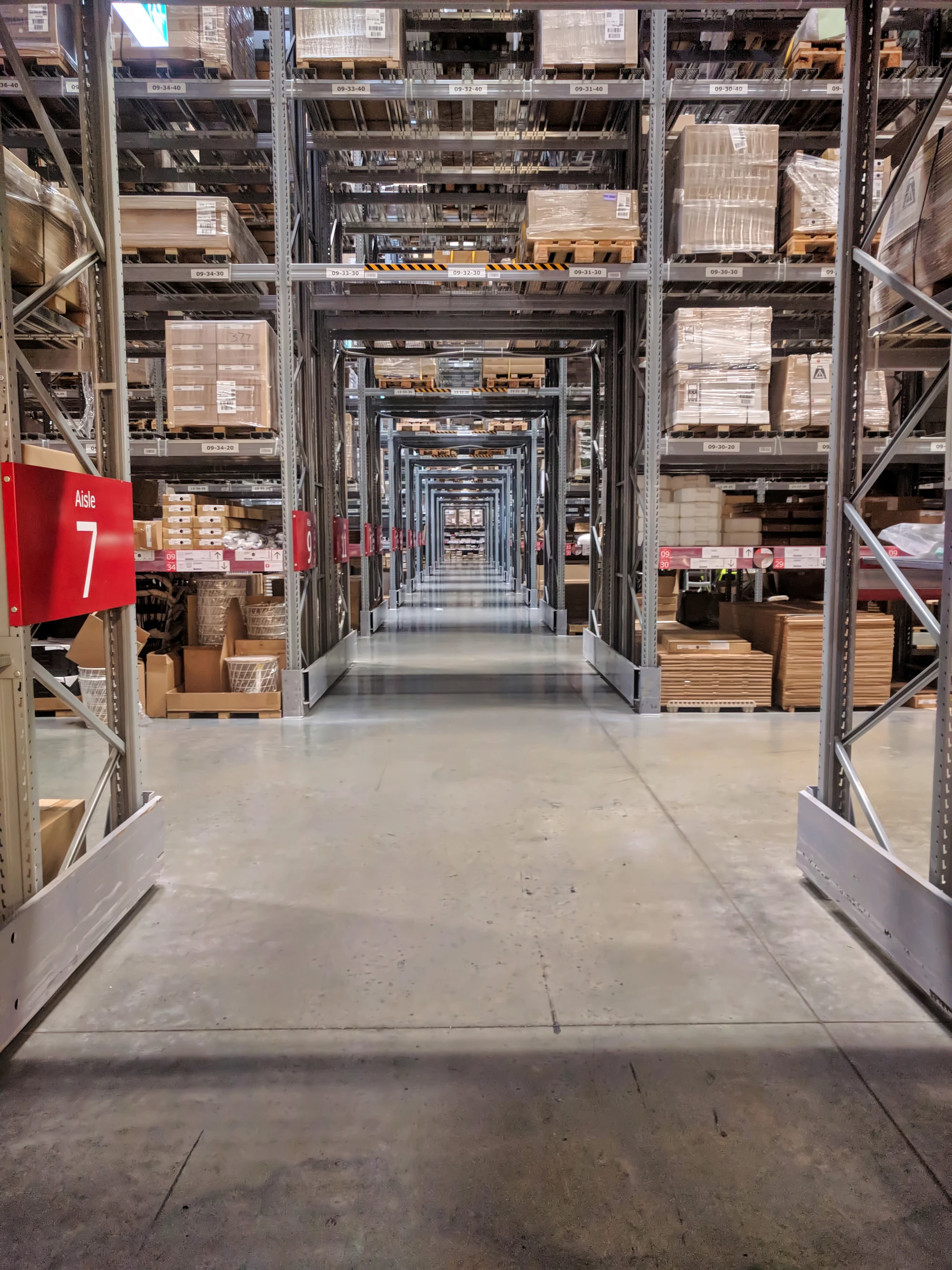 Warehouse aisles with shelves full of boxed stock